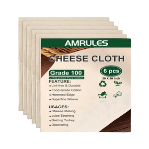 Amrules 6 Pcs Cheese Cloths, 20x20 Inches, Grade 100, Unbleached Cotton Amrules 6 Pcs Cheese Cloths, 20x20 Inches, Grade 100, Unbleached Cotton