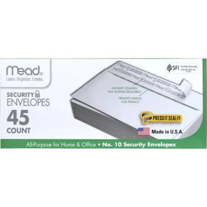 Mead #10 Security Business Envelopes, Letter Size 4-1/8" x 9-1/2", Peel and Seal, Privacy Lined, No-Window, Self-Adhesive, 45 Count (75026) Mead #10 Security Business Envelopes, Letter Size 4-1/8" x 9-1/2", Peel and Seal, Privacy Lined, No-Window, Self-Adhesive, 45 Count (75026)