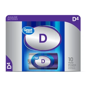 Great Value Alkaline D Batteries, 4 Count (Plastic Free Packaging) Great Value Alkaline D Batteries, 4 Count (Plastic Free Packaging)
