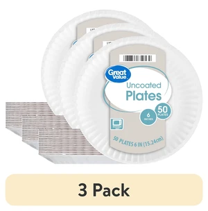 Great Value Uncoated White Paper Plates, 6Inch, 3-Pack (50 Count) Great Value Uncoated White Paper Plates, 6Inch, 3-Pack (50 Count)