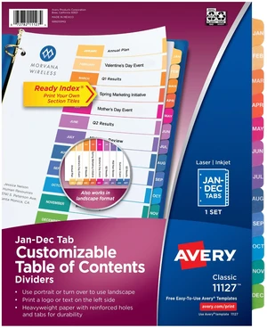 Avery Jan-Dec Dividers for 3 Ring Binders, 12 Tabs per Set, Customizable Table of Contents, Multicolor Tabs, Great for Organizing Reports, Projects, and More (11127) Avery Jan-Dec Dividers for 3 Ring Binders, 12 Tabs per Set, Customizable Table of Contents, Multicolor Tabs, Great for Organizing Reports, Projects, and More (11127)
