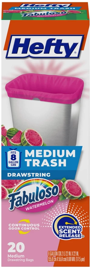 Hefty 8 Gallon Medium Trash Bags, Pink, Fabuloso Watermelon Scent, 20ct Hefty 8 Gallon Medium Trash Bags, Pink, Fabuloso Watermelon Scent, 20ct