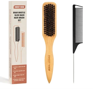 SWEET VIEW Boar Bristle Slick Back Hair Brush SWEET VIEW Boar Bristle Slick Back Hair Brush