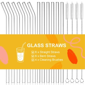 16 PCS Reusable Glass Straws Set 6 Straight & 6 Bent Clear Drinking Straws (8.5''x10mm) with 4 Cleaning Brushes,Perfect for Smoothies, Milkshakes, Coffee, Juice, Milk, Cocktails 16 PCS Reusable Glass Straws Set 6 Straight & 6 Bent Clear Drinking Straws (8.5''x10mm) with 4 Cleaning Brushes,Perfect for Smoothies, Milkshakes, Coffee, Juice, Milk, Cocktails