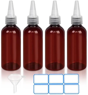 DTDNZKN 4 Pack 1 Oz (30ml) Amber Plastic Essential Oil Bottles, Pointed Mouth Top Bottle with Funnel, Labels for Liquid Storage - Not Dropper DTDNZKN 4 Pack 1 Oz (30ml) Amber Plastic Essential Oil Bottles, Pointed Mouth Top Bottle with Funnel, Labels for Liquid Storage - Not Dropper