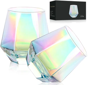 Wine Glasses Set of 2, Diamond Stemless Wine Glasses - Iridescent Glassware Wine Glasses Set of 2, Diamond Stemless Wine Glasses - Iridescent Glassware