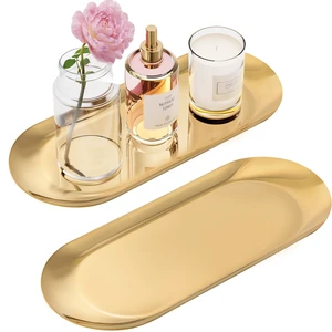 Gold Decorative Tray, 2 PCS Bathroom Vanity Tray for Dresser Counter, Elegant Jewelry Dish Tray for Decor, Gold Platter Serving Tray Organizer for Perfume Trinket Key Candle, Stainless Steel, Oval Gold Decorative Tray, 2 PCS Bathroom Vanity Tray for Dresser Counter, Elegant Jewelry Dish Tray for Decor, Gold Platter Serving Tray Organizer for Perfume Trinket Key Candle, Stainless Steel, Oval