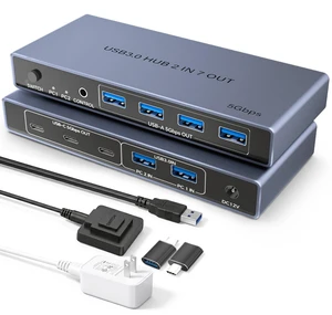 USB 3.0 Switch 2 in 7 Out, USB Switcher for 2 Computers Share 4 USB-A + 3 USB-C Devices - 5Gbps USB Switch Hub for Laptop Keyboard Mouse Printer with Controller, USB C Male Adapter, Power Adapter USB 3.0 Switch 2 in 7 Out, USB Switcher for 2 Computers Share 4 USB-A + 3 USB-C Devices - 5Gbps USB Switch Hub for Laptop Keyboard Mouse Printer with Controller, USB C Male Adapter, Power Adapter
