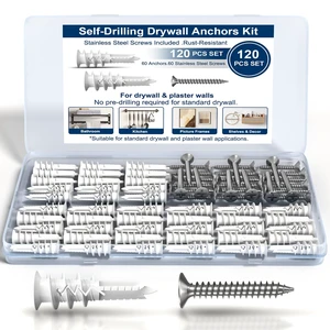 120PCS #8 Self-Drilling Drywall Anchors and Screws Kit, #8 x 1-1/4" Heavy Duty Wall Anchors for Drywall with Stainless Steel Screws, No Pre-Drilling Required 120PCS #8 Self-Drilling Drywall Anchors and Screws Kit, #8 x 1-1/4" Heavy Duty Wall Anchors for Drywall with Stainless Steel Screws, No Pre-Drilling Required
