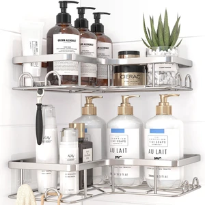 2 Pack, Adhesive Shower Organizers, Rustproof Stainless Steel Shower Shelves with 8 Hooks, No Drilling Bathroom Organizers and Storage Racks, Space-Saving, Silver, Medium 2 Pack, Adhesive Shower Organizers, Rustproof Stainless Steel Shower Shelves with 8 Hooks, No Drilling Bathroom Organizers and Storage Racks, Space-Saving, Silver, Medium