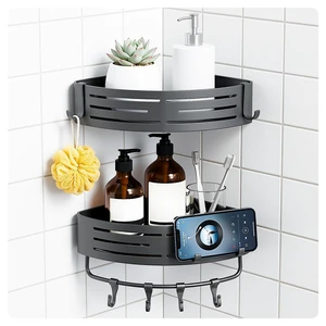 Adhesive Corner Shower Caddy with Hooks, Bathroom Shower Organizer, No Drilling Rust Proof Stainless Steel Shower Shelf for Inside Shower, Grey, 2 Pack Adhesive Corner Shower Caddy with Hooks, Bathroom Shower Organizer, No Drilling Rust Proof Stainless Steel Shower Shelf for Inside Shower, Grey, 2 Pack