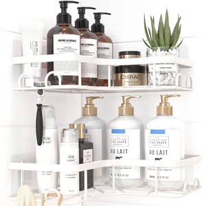 2 Pack, Adhesive Shower Organizers, Rustproof Stainless Steel Shower Shelves with 8 Hooks, No Drilling Bathroom Organizers and Storage Racks, Space-Saving, White, Medium 2 Pack, Adhesive Shower Organizers, Rustproof Stainless Steel Shower Shelves with 8 Hooks, No Drilling Bathroom Organizers and Storage Racks, Space-Saving, White, Medium
