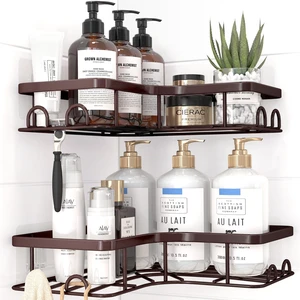 2 Pack, Adhesive Shower Organizers, Rustproof Stainless Steel Shower Shelves with 8 Hooks, No Drilling Bathroom Organizers and Storage Racks, Space-Saving, Brown, Medium 2 Pack, Adhesive Shower Organizers, Rustproof Stainless Steel Shower Shelves with 8 Hooks, No Drilling Bathroom Organizers and Storage Racks, Space-Saving, Brown, Medium