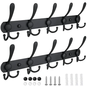 Wall Mounted Coat Rack, Five Heavy Duty Tri Hooks All Metal Construction for Jacket Coat Hat in Mudroom Entryway (Matte Black, 2-Pack) Wall Mounted Coat Rack, Five Heavy Duty Tri Hooks All Metal Construction for Jacket Coat Hat in Mudroom Entryway (Matte Black, 2-Pack)