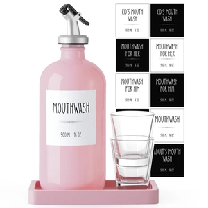 CMLKLZD Glass Mouthwash Dispenser for Bathroom, 16 OZ Mouth Wash Bottle Container with Pour Spout & Reusable Mouthwash Cups & Wood Tray & Labels, Pink Bathroom Kitchen Decor and Accessories CMLKLZD Glass Mouthwash Dispenser for Bathroom, 16 OZ Mouth Wash Bottle Container with Pour Spout & Reusable Mouthwash Cups & Wood Tray & Labels, Pink Bathroom Kitchen Decor and Accessories