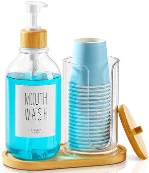 VITVITI Mouthwash Dispenser for Bathroom, Clear Bottle Container Cup Holder | 17Oz Refillable Clear Mouth Wash Dispenser with Pump/Bamboo Lid/Tray/Label, for Listerine, Plastic VITVITI Mouthwash Dispenser for Bathroom, Clear Bottle Container Cup Holder | 17Oz Refillable Clear Mouth Wash Dispenser with Pump/Bamboo Lid/Tray/Label, for Listerine, Plastic