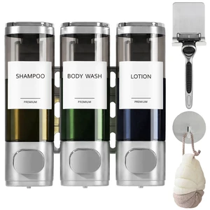 Shower Soap Dispenser Wall Mounted with Razor Holder & Loofah Hook, No Drill Design Shampoo and Conditioner Dispenser, Plastic Shower Soap Dispenser Bottles with Labels Set of 3,Satin Silver Shower Soap Dispenser Wall Mounted with Razor Holder & Loofah Hook, No Drill Design Shampoo and Conditioner Dispenser, Plastic Shower Soap Dispenser Bottles with Labels Set of 3,Satin Silver