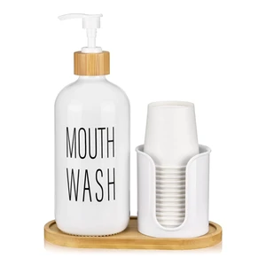 Glass Mouthwash Dispenser with Cup Holder - 16 oz Pump Bottle White Mouthwash Container for Bathroom - 14 Mouthwash Cups,Bamboo Tray and Funnel Included Glass Mouthwash Dispenser with Cup Holder - 16 oz Pump Bottle White Mouthwash Container for Bathroom - 14 Mouthwash Cups,Bamboo Tray and Funnel Included