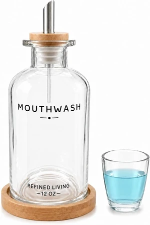 Mouthwash Dispenser for Bathroom, 12 OZ Refillable Glass Mouthwash Container with Cup & Bamboo Tray, Mouthwash Bottle for Countertop - Modern Bathroom Decor for Home Vanity Mouthwash Dispenser for Bathroom, 12 OZ Refillable Glass Mouthwash Container with Cup & Bamboo Tray, Mouthwash Bottle for Countertop - Modern Bathroom Decor for Home Vanity