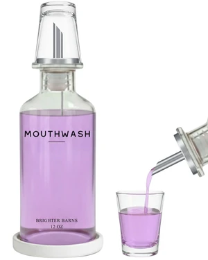 Glass Mouthwash Dispenser for Bathroom by Brighter Barns - Refillable Mouthwash Container with Glass Cup & Tray - 12oz Mouth Wash Dispenser for Bathroom Sink, Home Decor, Dental Office, Hotel (Clear) Glass Mouthwash Dispenser for Bathroom by Brighter Barns - Refillable Mouthwash Container with Glass Cup & Tray - 12oz Mouth Wash Dispenser for Bathroom Sink, Home Decor, Dental Office, Hotel (Clear)
