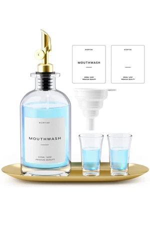 Moryimi Mouthwash Dispenser, 16oz Glass Mouthwash Decanter for Bathroom, Mouth Wash Container Mouthwash Bottle with Pour Spout, Reusable Mouthwash Dispenser Set with Cups and Gold Tray Moryimi Mouthwash Dispenser, 16oz Glass Mouthwash Decanter for Bathroom, Mouth Wash Container Mouthwash Bottle with Pour Spout, Reusable Mouthwash Dispenser Set with Cups and Gold Tray