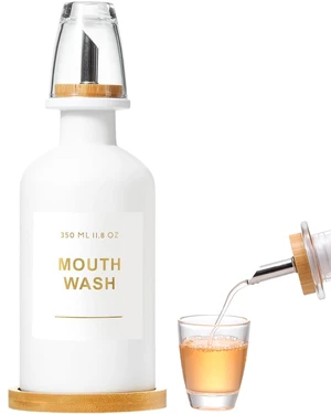 11.8OZ Mouthwash Dispenser for Bathroom, White | Bamboo & Stainless Steel Pour Spout, Mouthwash Cup Reusable, Bamboo Tray, Elegant Gold Label 11.8OZ Mouthwash Dispenser for Bathroom, White | Bamboo & Stainless Steel Pour Spout, Mouthwash Cup Reusable, Bamboo Tray, Elegant Gold Label