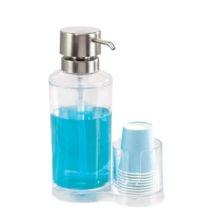 iDesign Clarity Mouthwash Dispenser Pump with Cup Holder Caddy, Clear | 6.25" x 3.5" x 9.25", Attached Paper Cup Holder iDesign Clarity Mouthwash Dispenser Pump with Cup Holder Caddy, Clear | 6.25" x 3.5" x 9.25", Attached Paper Cup Holder