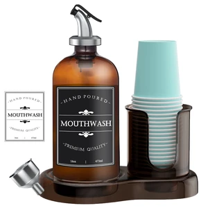 Amber Glass Mouthwash Dispenser with Cup Holder for Bathroom, 16oz Refillable Mouthwash Bottles Container with Tray, Funnel and 2 Waterproof Labels Amber Glass Mouthwash Dispenser with Cup Holder for Bathroom, 16oz Refillable Mouthwash Bottles Container with Tray, Funnel and 2 Waterproof Labels