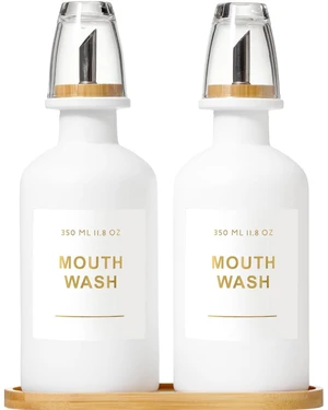11.8OZ Mouthwash Dispenser, Set of 2, White | Bamboo & Stainless Steel Pour Spout, Mouthwash Cups Reusable, Bamboo Tray, Elegant Gold Label 11.8OZ Mouthwash Dispenser, Set of 2, White | Bamboo & Stainless Steel Pour Spout, Mouthwash Cups Reusable, Bamboo Tray, Elegant Gold Label