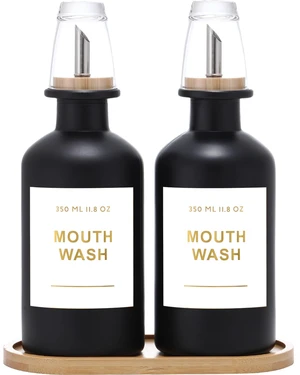 11.8OZ Glass Mouthwash Dispenser, Set of 2, Black | Stainless Steel & Bamboo Nozzle, Reusable Mouthwash Cup, Bamboo Tray, Elegant Gold Sticker 11.8OZ Glass Mouthwash Dispenser, Set of 2, Black | Stainless Steel & Bamboo Nozzle, Reusable Mouthwash Cup, Bamboo Tray, Elegant Gold Sticker