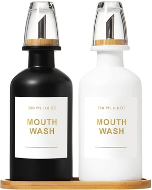 11.8OZ Mouthwash Dispenser, Set of 2 (Black/White) | Bamboo & Stainless Steel Pour Spout, Mouthwash Cups Reusable, Bamboo Tray, Elegant Gold Label 11.8OZ Mouthwash Dispenser, Set of 2 (Black/White) | Bamboo & Stainless Steel Pour Spout, Mouthwash Cups Reusable, Bamboo Tray, Elegant Gold Label