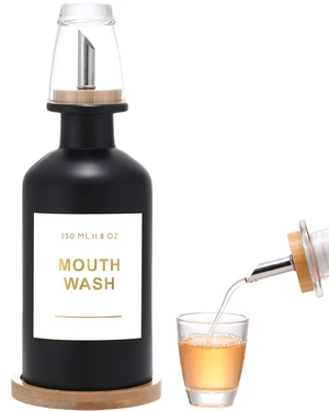 11.8OZ Glass Mouthwash Dispenser for Bathroom, Black | Stainless Steel & Bamboo Nozzle, Mouthwash Cup Reusable, Bamboo Tray, Elegant Gold Sticker 11.8OZ Glass Mouthwash Dispenser for Bathroom, Black | Stainless Steel & Bamboo Nozzle, Mouthwash Cup Reusable, Bamboo Tray, Elegant Gold Sticker