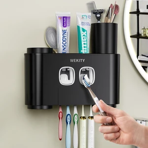Toothbrush Holder Multi-Function Wall-Mounted, Automatic Toothpaste Dispenser & Dust-Proof Toothbrush Holder with 5 Brush Slots 4 Cups 2 Automatic Toothpaste Dispensers 1 Storage Slot (Black) Toothbrush Holder Multi-Function Wall-Mounted, Automatic Toothpaste Dispenser & Dust-Proof Toothbrush Holder with 5 Brush Slots 4 Cups 2 Automatic Toothpaste Dispensers 1 Storage Slot (Black)
