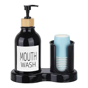 Mouthwash Dispenser for Bathroom, 16oz Plastic Mouthwash Dispenser with Cup Holder and Tray Mouth Wash Bottle Container - Black Mouthwash Dispenser for Bathroom, 16oz Plastic Mouthwash Dispenser with Cup Holder and Tray Mouth Wash Bottle Container - Black