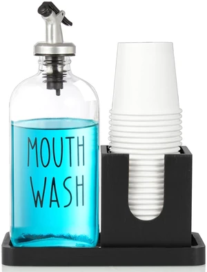 Glass Mouthwash Dispenser for Bathroom, 16 OZ Mouthwash Dispenser with Pour Spout and Wood Cup Holder and Tray, Mouth Wash Bottle Container, Black Kitchen Bathroom Decor and Accessories Glass Mouthwash Dispenser for Bathroom, 16 OZ Mouthwash Dispenser with Pour Spout and Wood Cup Holder and Tray, Mouth Wash Bottle Container, Black Kitchen Bathroom Decor and Accessories