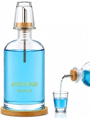 Glass Mouthwash Dispenser for Bathroom - 17oz Refillable Mouthwash Container with Cup & Bamboo Tray, Mouth Wash Dispensers for Countertop, Bathroom Decor for Home, Airbnb, Office Glass Mouthwash Dispenser for Bathroom - 17oz Refillable Mouthwash Container with Cup & Bamboo Tray, Mouth Wash Dispensers for Countertop, Bathroom Decor for Home, Airbnb, Office