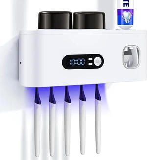 Toothbrush Holder with UV Sanitizer and Toothpaste Dispenser, Timer Display with Wall Mounted Smart Toothbrush Organizer for Bathroom, with 2 Cups and Automatic Sterilization Function, White Toothbrush Holder with UV Sanitizer and Toothpaste Dispenser, Timer Display with Wall Mounted Smart Toothbrush Organizer for Bathroom, with 2 Cups and Automatic Sterilization Function, White