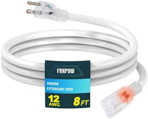 Indoor Outdoor Extension Cord, 12 Gauge 3 Prong Weatherproof Heavy Duty White Extension Cord with Lighted Indicator End, SJTW 15A 8 FT Extension Cable for Garage, Garden and Home, UL Listed Indoor Outdoor Extension Cord, 12 Gauge 3 Prong Weatherproof Heavy Duty White Extension Cord with Lighted Indicator End, SJTW 15A 8 FT Extension Cable for Garage, Garden and Home, UL Listed