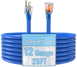 Outdoor Extension Cord with Lighted End, 12 Gauge Heavy Duty 25 FT, 3 Prong Grounded 15 Amp Extension Cord, 12/3 SJTW Waterproof Power Cord for Appliance, UL Listed, Blue Outdoor Extension Cord with Lighted End, 12 Gauge Heavy Duty 25 FT, 3 Prong Grounded 15 Amp Extension Cord, 12/3 SJTW Waterproof Power Cord for Appliance, UL Listed, Blue
