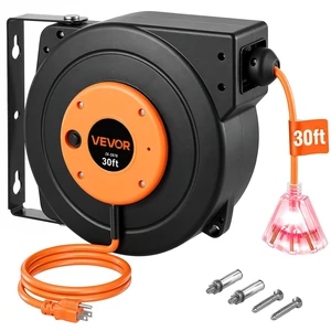 30FT Retractable Extension Cord Reel, Heavy Duty 16AWG/3C SJTOW Cord | 10A Circuit Breaker, with Lighted Triple Tap Outlet, 180° Swivel Bracket, Ceiling or Wall Mount for Garage, Workshop, Orange 30FT Retractable Extension Cord Reel, Heavy Duty 16AWG/3C SJTOW Cord | 10A Circuit Breaker, with Lighted Triple Tap Outlet, 180° Swivel Bracket, Ceiling or Wall Mount for Garage, Workshop, Orange