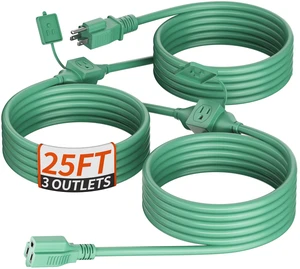 25 FT 16 Gauge Green Extension Cord with Multiple Outlets Outdoor | Christmas Light Extension Cord, Multi Outlet Extension Cord Evenly Spaced 3 Outlets Plugs, 13A 1625W SJTW Green, ETL Listed 25 FT 16 Gauge Green Extension Cord with Multiple Outlets Outdoor | Christmas Light Extension Cord, Multi Outlet Extension Cord Evenly Spaced 3 Outlets Plugs, 13A 1625W SJTW Green, ETL Listed