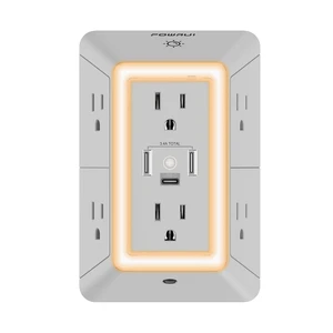 Multi Plug Wall Outlet Night Light, 6 Outlet Extender & 3 USB Ports | 3-Sided Power Strip, Adapter Spaced Outlets, 1680J Surge Protector, Outlet Splitter, Wall Charger, ETL Listed, Grey Multi Plug Wall Outlet Night Light, 6 Outlet Extender & 3 USB Ports | 3-Sided Power Strip, Adapter Spaced Outlets, 1680J Surge Protector, Outlet Splitter, Wall Charger, ETL Listed, Grey