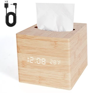Digital Clock Tissue Box, Desk & Nightstand, 5 Alarms & Temp | 2-in-1 WoodenTissue Box Cover with Cordless Digital Clock, 8-Level Dimming, Date, Temperature, 5 Alarms Digital Clock Tissue Box, Desk & Nightstand, 5 Alarms & Temp | 2-in-1 WoodenTissue Box Cover with Cordless Digital Clock, 8-Level Dimming, Date, Temperature, 5 Alarms