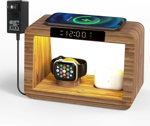Bamboo Charging Station with Alarm Clock, 15W Fast Wireless Charger with Stepless Dimmable Night Light, 5 in 1 Wood Style Nightstand Organizer Compatible with iPhone/iWatch/AirPods Bamboo Charging Station with Alarm Clock, 15W Fast Wireless Charger with Stepless Dimmable Night Light, 5 in 1 Wood Style Nightstand Organizer Compatible with iPhone/iWatch/AirPods