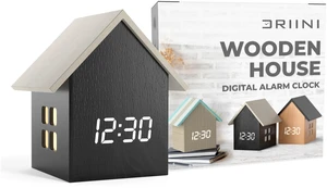Modern House Shaped Digital Clock Small Alarm Clock, Dark Wood | USB-C powered, with a dimmable LED display and indoor temperature decorative styling for a bedside table or living room. Modern House Shaped Digital Clock Small Alarm Clock, Dark Wood | USB-C powered, with a dimmable LED display and indoor temperature decorative styling for a bedside table or living room.