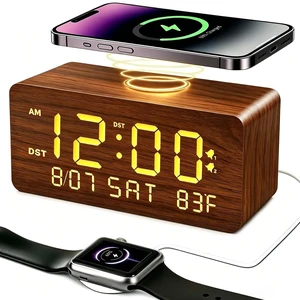 Premium Brown Wooden Digital Alarm Clock with Wireless Phone Charger, Dual USB Charging Ports, Dimmable LED Display, Date and Day of Week, Small Digital Desk Clock for Bedroom Nightstand Bedside Table Premium Brown Wooden Digital Alarm Clock with Wireless Phone Charger, Dual USB Charging Ports, Dimmable LED Display, Date and Day of Week, Small Digital Desk Clock for Bedroom Nightstand Bedside Table