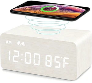 Premium White Wooden Digital Alarm Clock with Wireless Charging Pad, Time & Temperature Display, Dual Alarms & Snooze, Dimmable, Small LED Desk Clock for Bedroom Nightstand Bedside Living Room Table Premium White Wooden Digital Alarm Clock with Wireless Charging Pad, Time & Temperature Display, Dual Alarms & Snooze, Dimmable, Small LED Desk Clock for Bedroom Nightstand Bedside Living Room Table