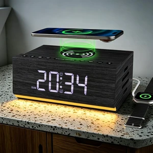 Wooden Digital Alarm Clock, Wireless Charging & Bluetooth Speaker | FM Radio, Night Light, Auto Time Sync, Dual Alarms, USB Port, 9-Min Snooze, Bedroom Desk Bedside Home Decor Gift Wooden Digital Alarm Clock, Wireless Charging & Bluetooth Speaker | FM Radio, Night Light, Auto Time Sync, Dual Alarms, USB Port, 9-Min Snooze, Bedroom Desk Bedside Home Decor Gift