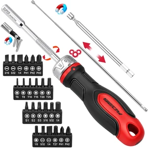 26-Piece Ratcheting Screwdriver Bit Set with 1/4" Magnetic Ratchet Driver, S2 Steel Bits, Telescopic Magnetic Extension Rod, Torx Phillips Slotted & Hex Bits Kit for Home Repair, Garage and DIY 26-Piece Ratcheting Screwdriver Bit Set with 1/4" Magnetic Ratchet Driver, S2 Steel Bits, Telescopic Magnetic Extension Rod, Torx Phillips Slotted & Hex Bits Kit for Home Repair, Garage and DIY
