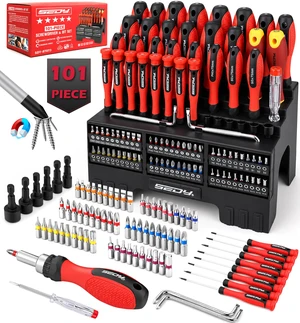 101-Piece Magnetic Screwdriver Set with 60 Bits, Ratchet and Storage Rack | 72-tooth ratchet, precision and VDE insulated screwdrivers, voltage tester, nut drivers, long bits for home and auto repair 101-Piece Magnetic Screwdriver Set with 60 Bits, Ratchet and Storage Rack | 72-tooth ratchet, precision and VDE insulated screwdrivers, voltage tester, nut drivers, long bits for home and auto repair